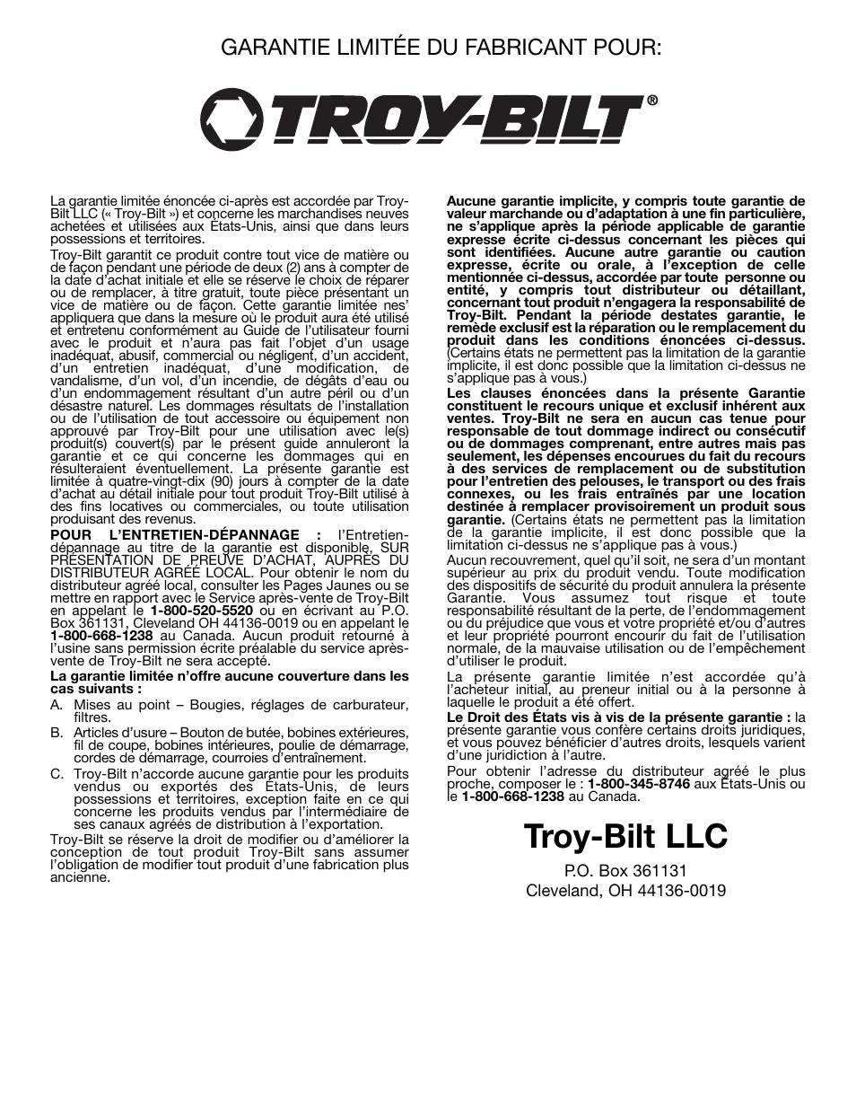 Troy-bilt llc, Garantie limitée du fabricant pour | Ryobi TBBC User Manual | Page 32 / 48