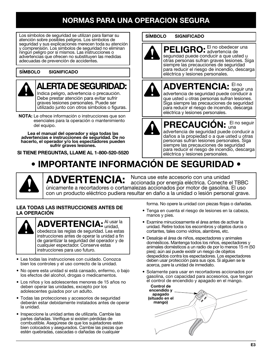 Importante información de seguridad, Advertencia, Peligro | Precaución, Alerta de seguridad, Normas para una operacion segura | Ryobi TBBC User Manual | Page 35 / 48