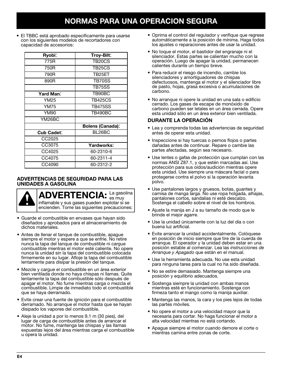 Advertencia, Normas para una operacion segura | Ryobi TBBC User Manual | Page 36 / 48