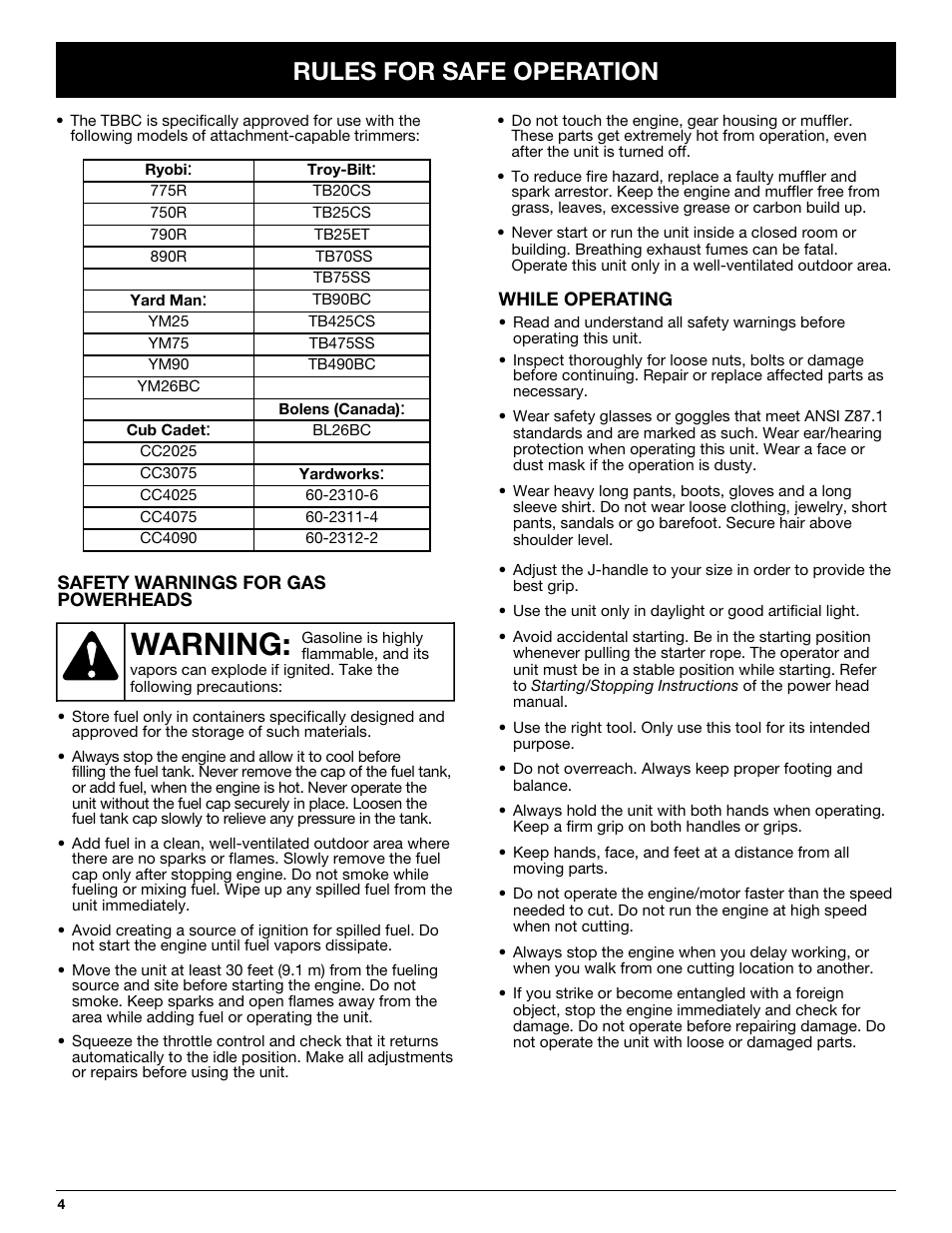 Warning, Rules for safe operation | Ryobi TBBC User Manual | Page 4 / 48