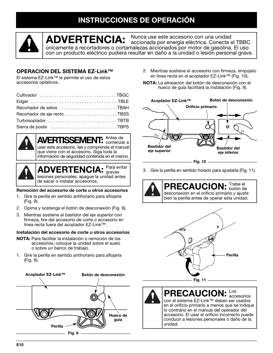 Precaucion, Advertencia, Avertissement | Instrucciones de operación | Ryobi TBBC User Manual | Page 42 / 48