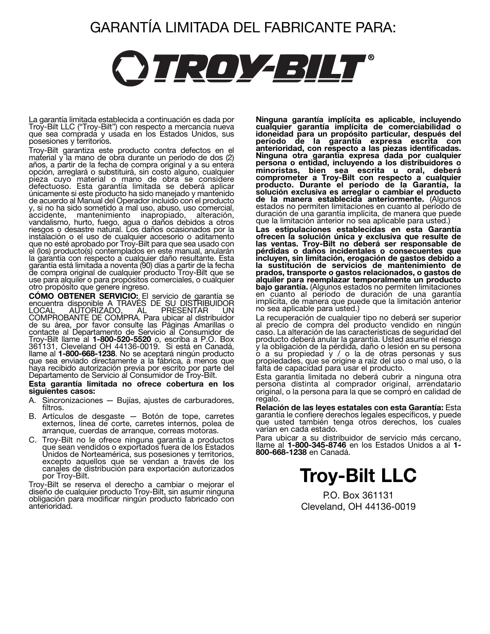 Troy-bilt llc, Garantía limitada del fabricante para | Ryobi TBBC User Manual | Page 48 / 48