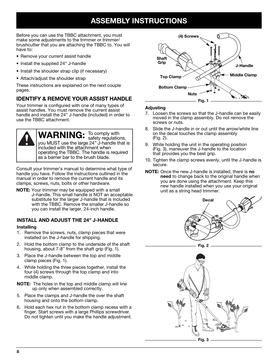 Warning, Assembly instructions | Ryobi TBBC User Manual | Page 8 / 48