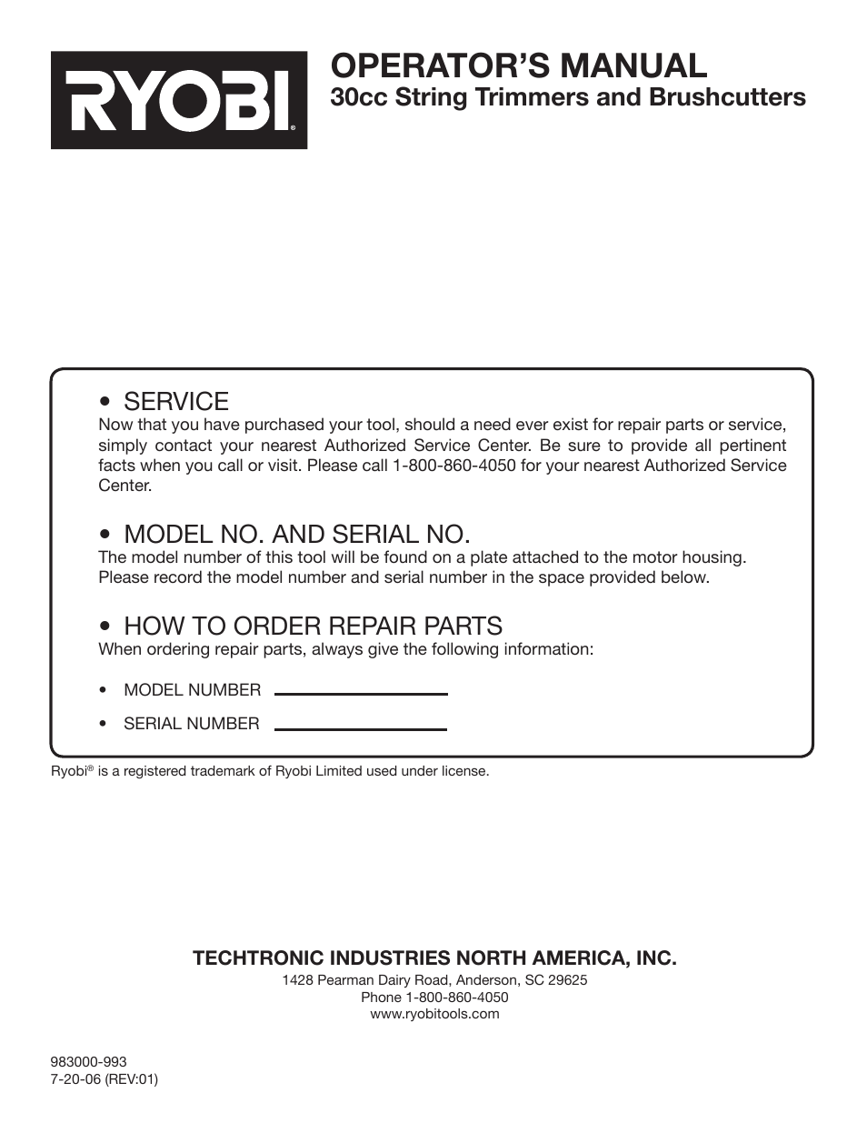 Operator’s manual, Service, Model no. and serial no | How to order repair parts, 30cc string trimmers and brushcutters | Ryobi CS30 RY30220 User Manual | Page 26 / 26