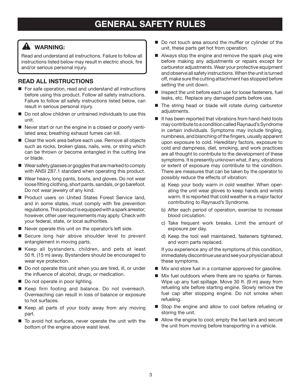 General safety rules | Ryobi CS30 RY30220 User Manual | Page 3 / 26