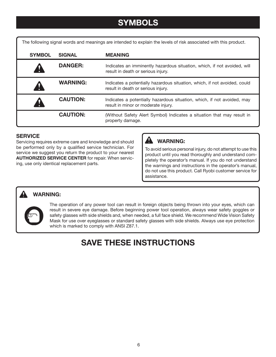Symbols, Save these instructions | Ryobi CS30 RY30220 User Manual | Page 6 / 26