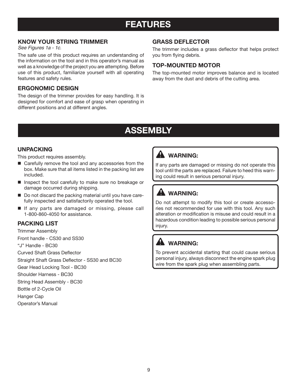 Assembly features | Ryobi CS30 RY30220 User Manual | Page 9 / 26