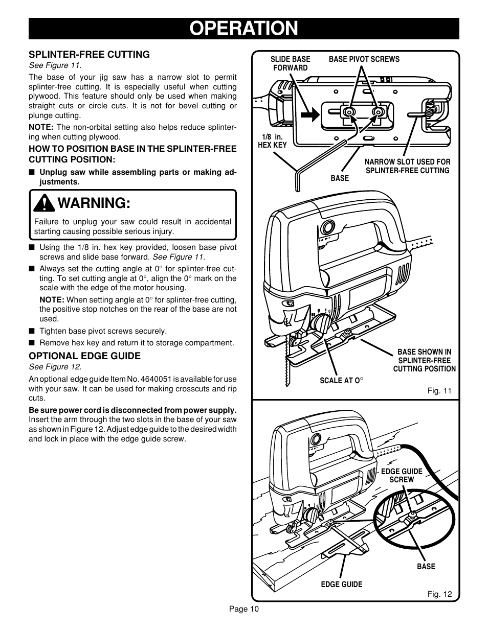 Operation, Warning | Ryobi JSO48 User Manual | Page 10 / 12
