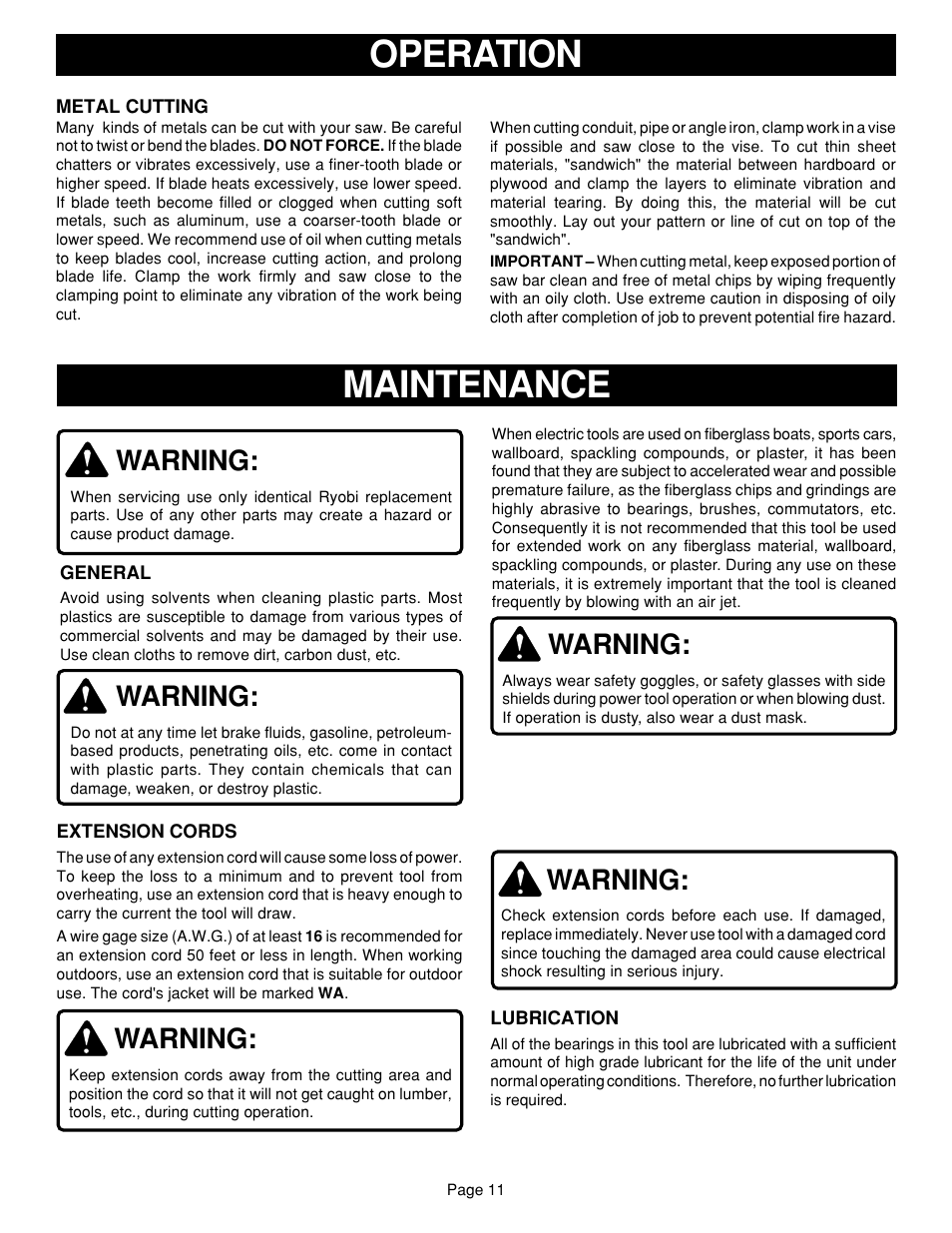 Operation, Maintenance, Warning | Ryobi JSO48 User Manual | Page 11 / 12