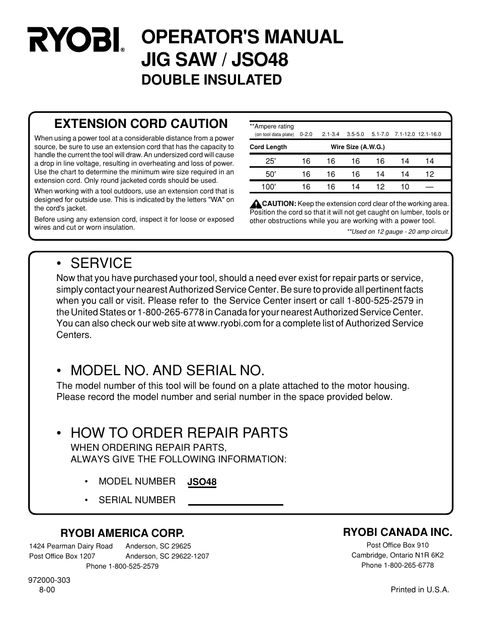 Operator's manual jig saw / jso48, Double insulated, Service | Model no. and serial no, How to order repair parts, Extension cord caution, Ryobi america corp, Ryobi canada inc | Ryobi JSO48 User Manual | Page 12 / 12