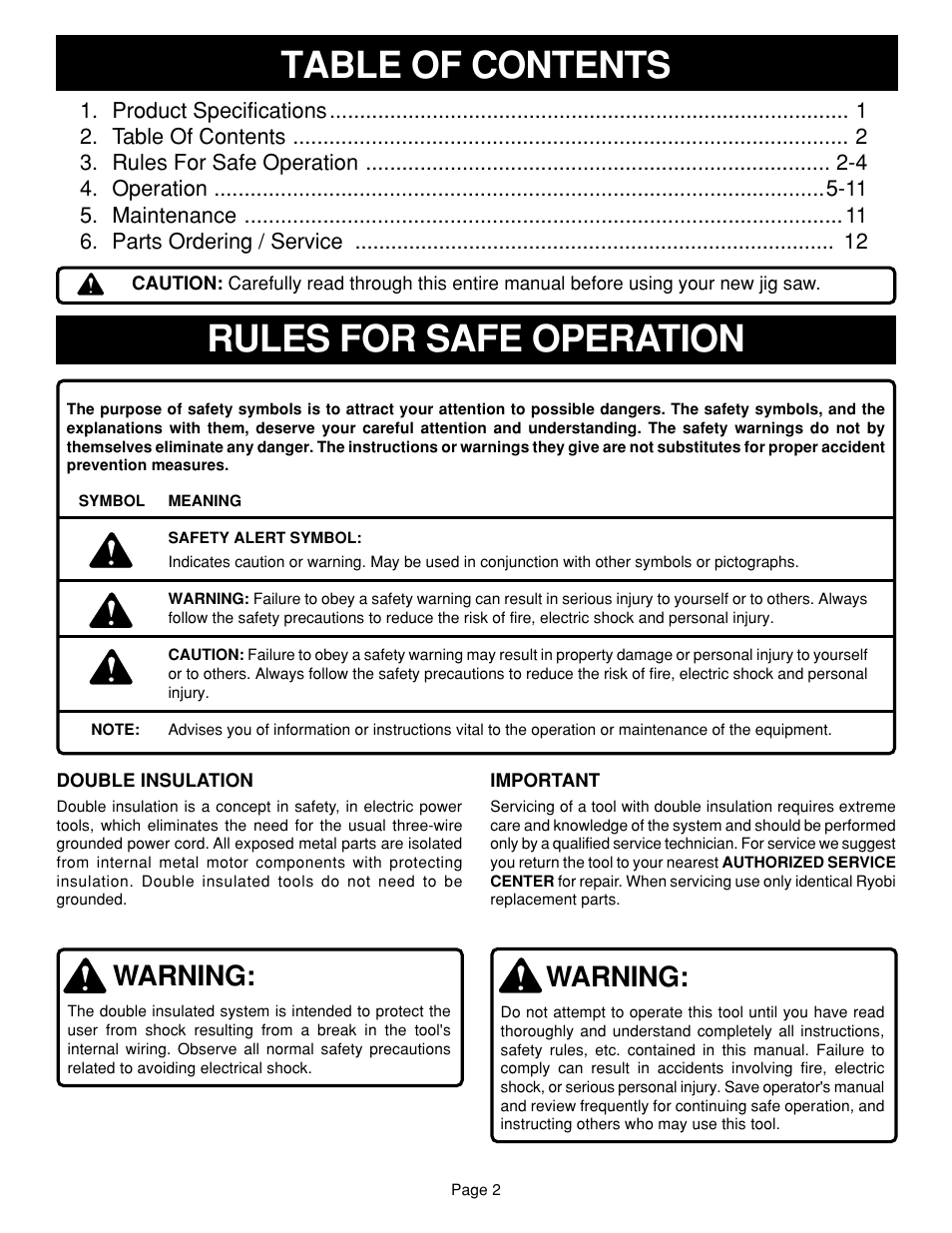 Rules for safe operation table of contents, Warning | Ryobi JSO48 User Manual | Page 2 / 12