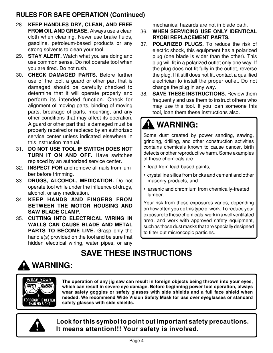 Warning: save these instructions, Warning | Ryobi JSO48 User Manual | Page 4 / 12