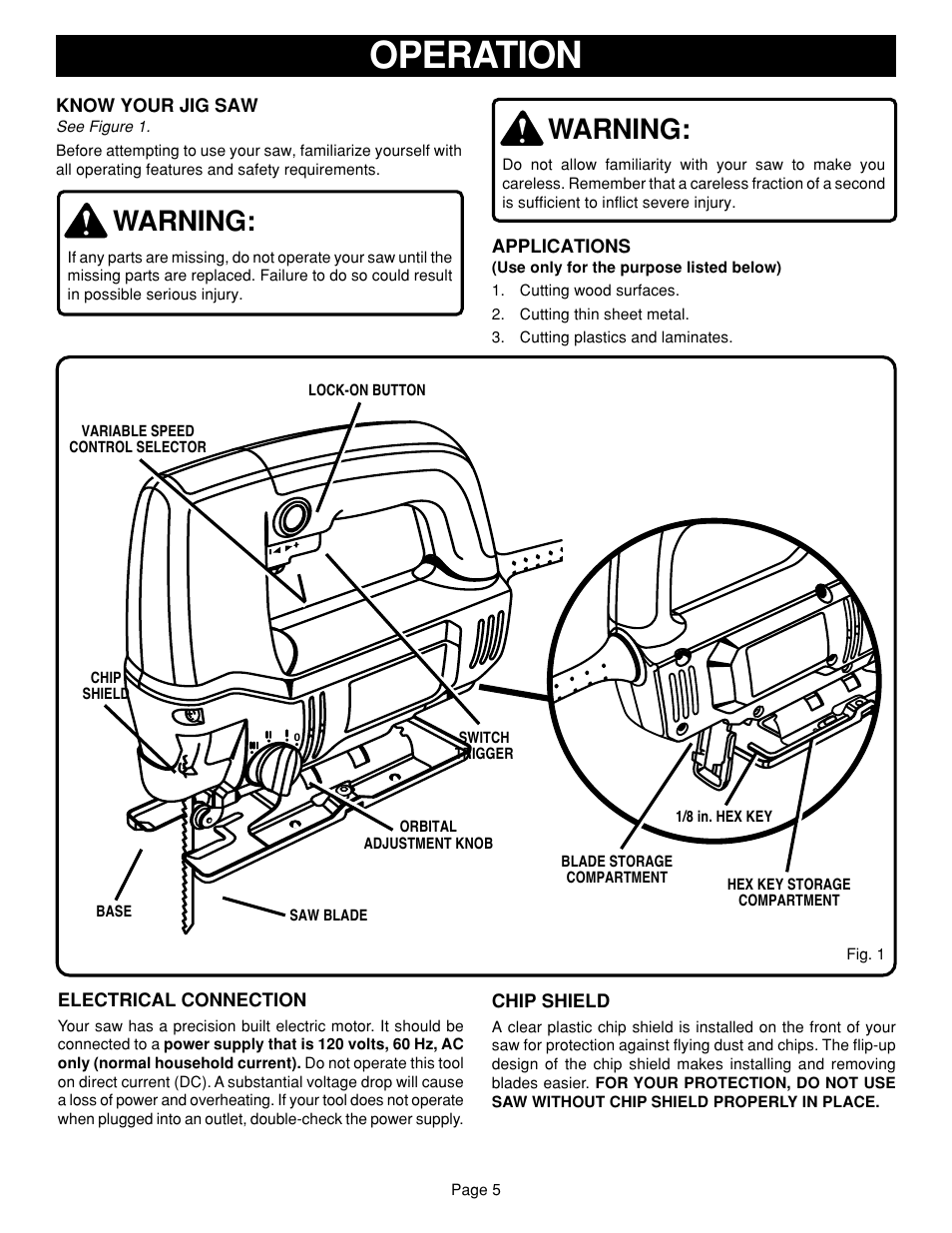 Operation, Warning | Ryobi JSO48 User Manual | Page 5 / 12