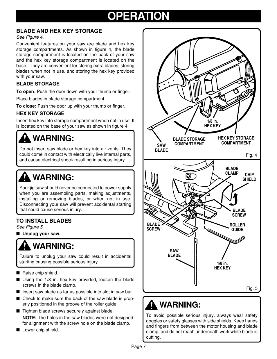 Operation, Warning | Ryobi JSO48 User Manual | Page 7 / 12