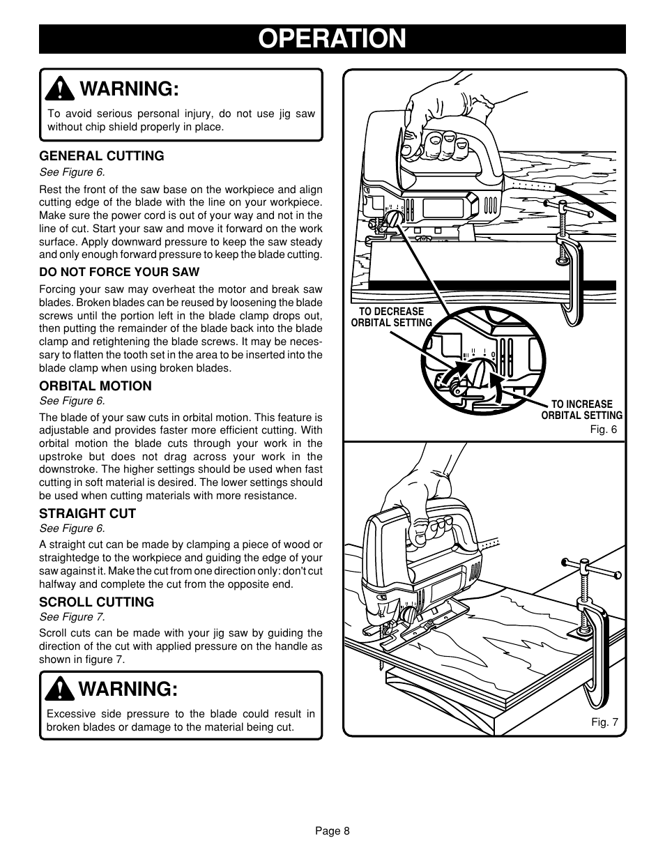 Operation, Warning | Ryobi JSO48 User Manual | Page 8 / 12