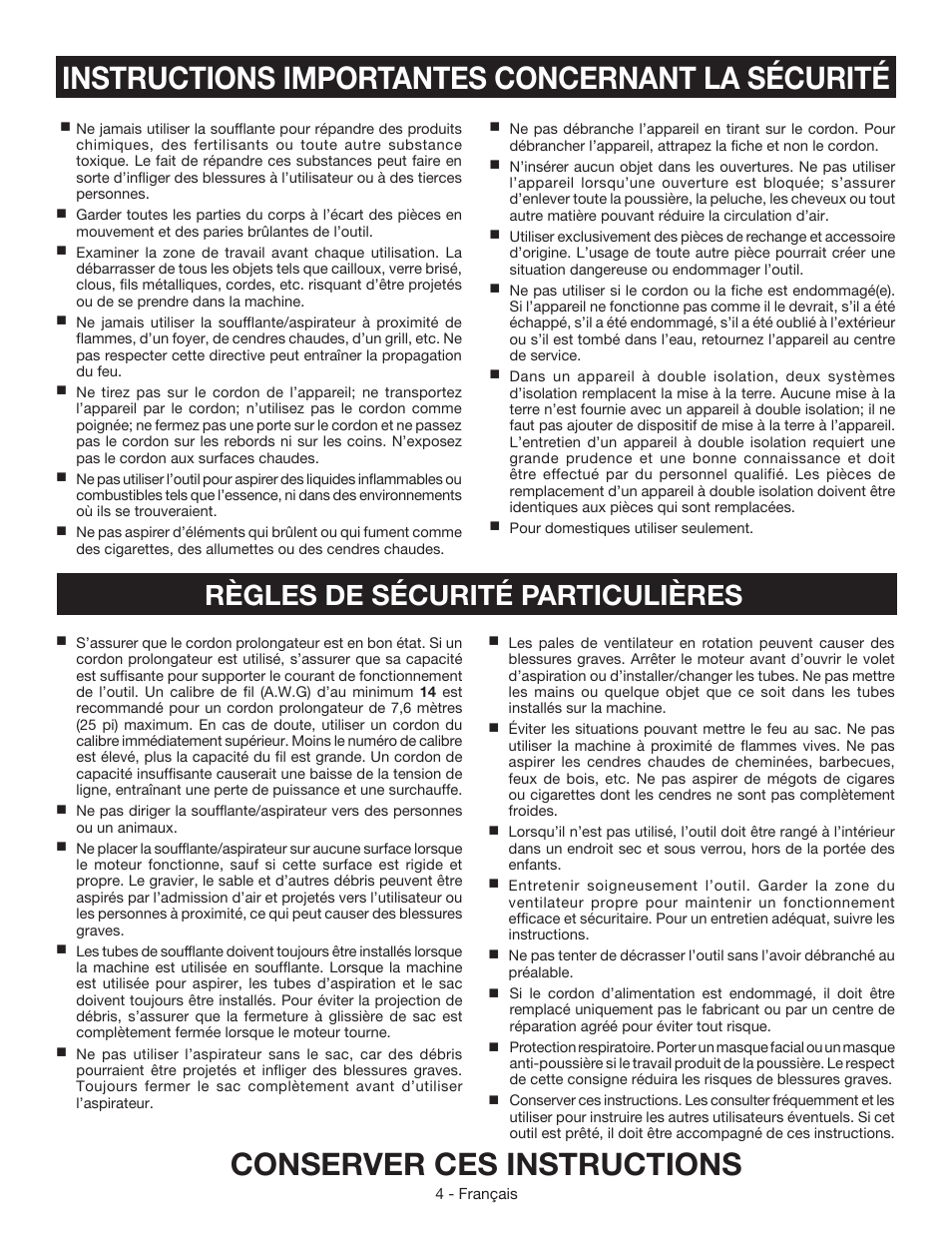 Instructions importantes concernant la sécurité, Conserver ces instructions, Règles de sécurité particulières | Ryobi RY42110 User Manual | Page 17 / 38