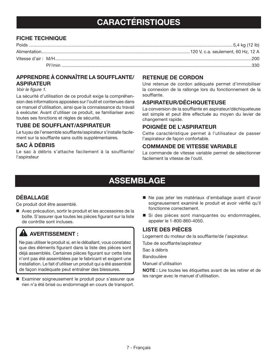 Caractéristiques, Assemblage | Ryobi RY42110 User Manual | Page 20 / 38