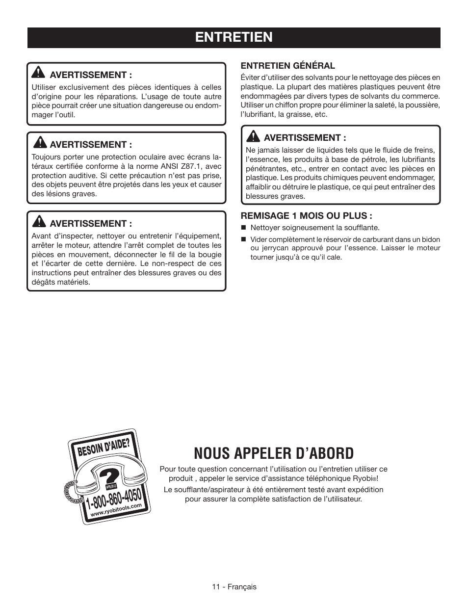 Nous appeler d’abord, Entretien, Besoin d’aid e | Ryobi RY42110 User Manual | Page 24 / 38