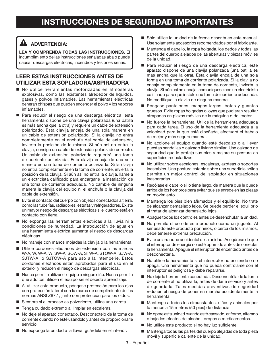 Instrucciones de seguridad importantes | Ryobi RY42110 User Manual | Page 27 / 38