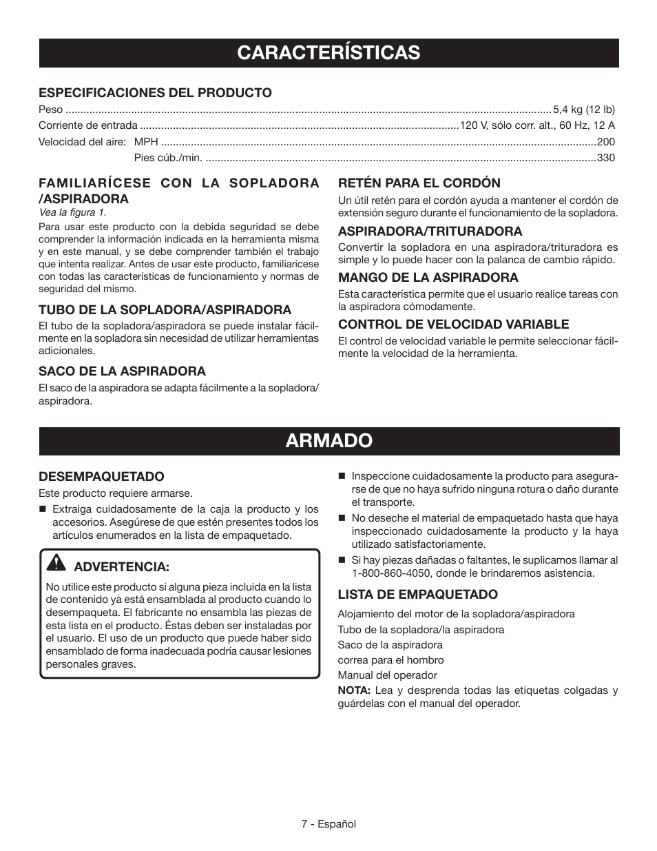 Características, Armado | Ryobi RY42110 User Manual | Page 31 / 38