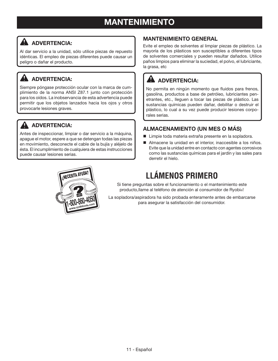 Mantenimiento, Llámenos primero | Ryobi RY42110 User Manual | Page 35 / 38