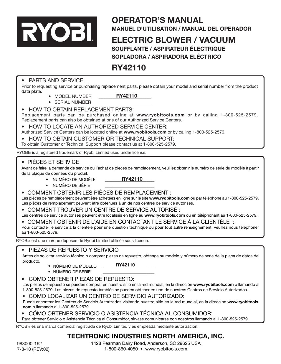 Operator’s manual, Electric blower / vacuum, Techtronic industries north america, inc | Ryobi RY42110 User Manual | Page 38 / 38