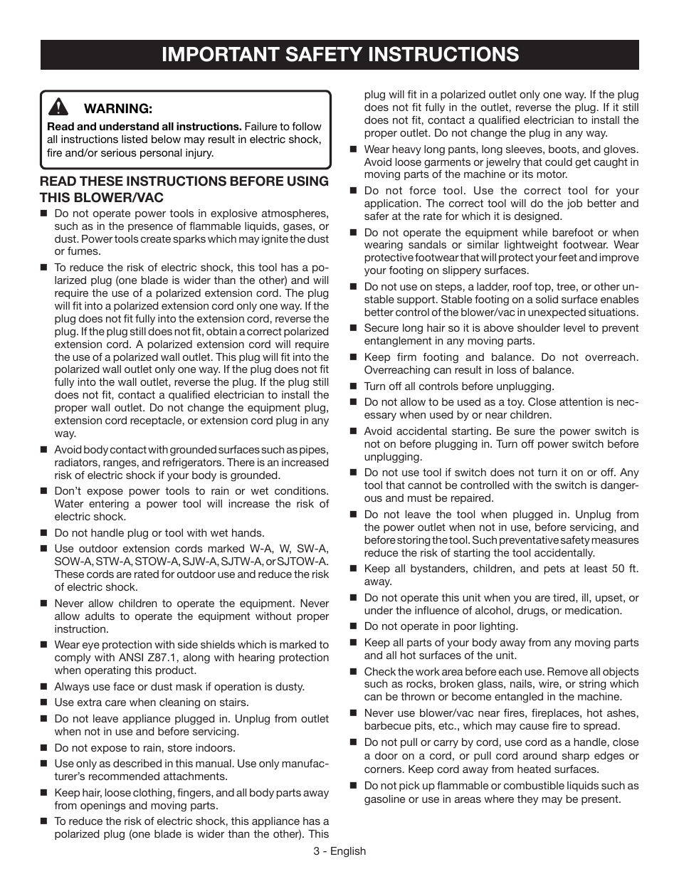Important safety instructions | Ryobi RY42110 User Manual | Page 5 / 38