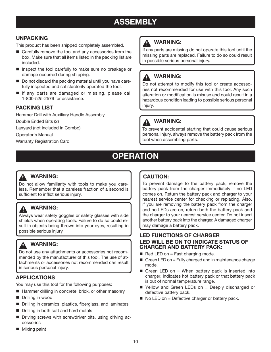 Assembly, Operation | Ryobi P220 User Manual | Page 10 / 20