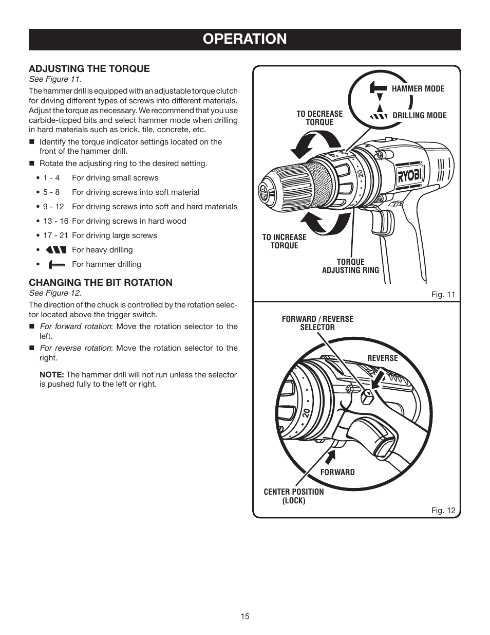 Operation | Ryobi P220 User Manual | Page 15 / 20