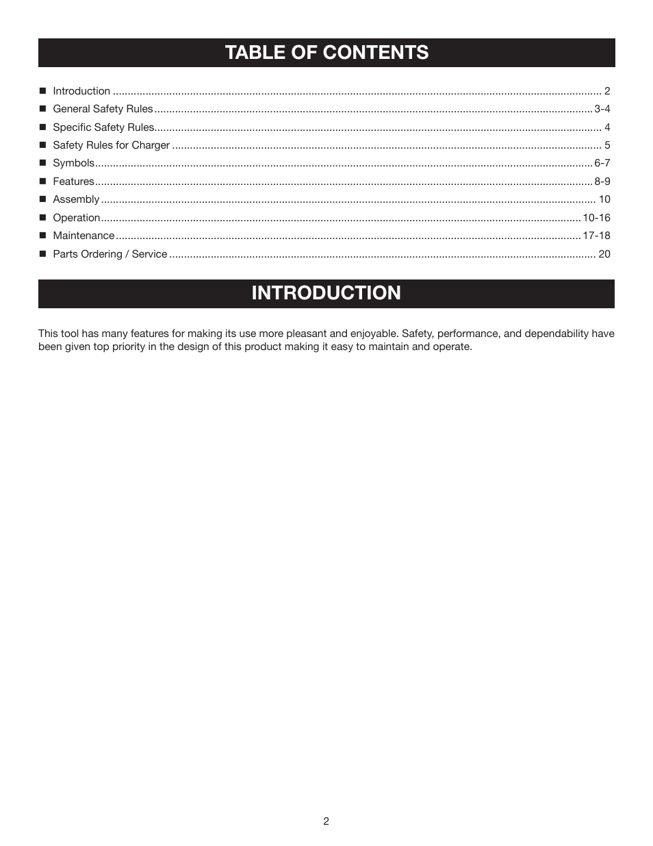 Table of contents introduction | Ryobi P220 User Manual | Page 2 / 20