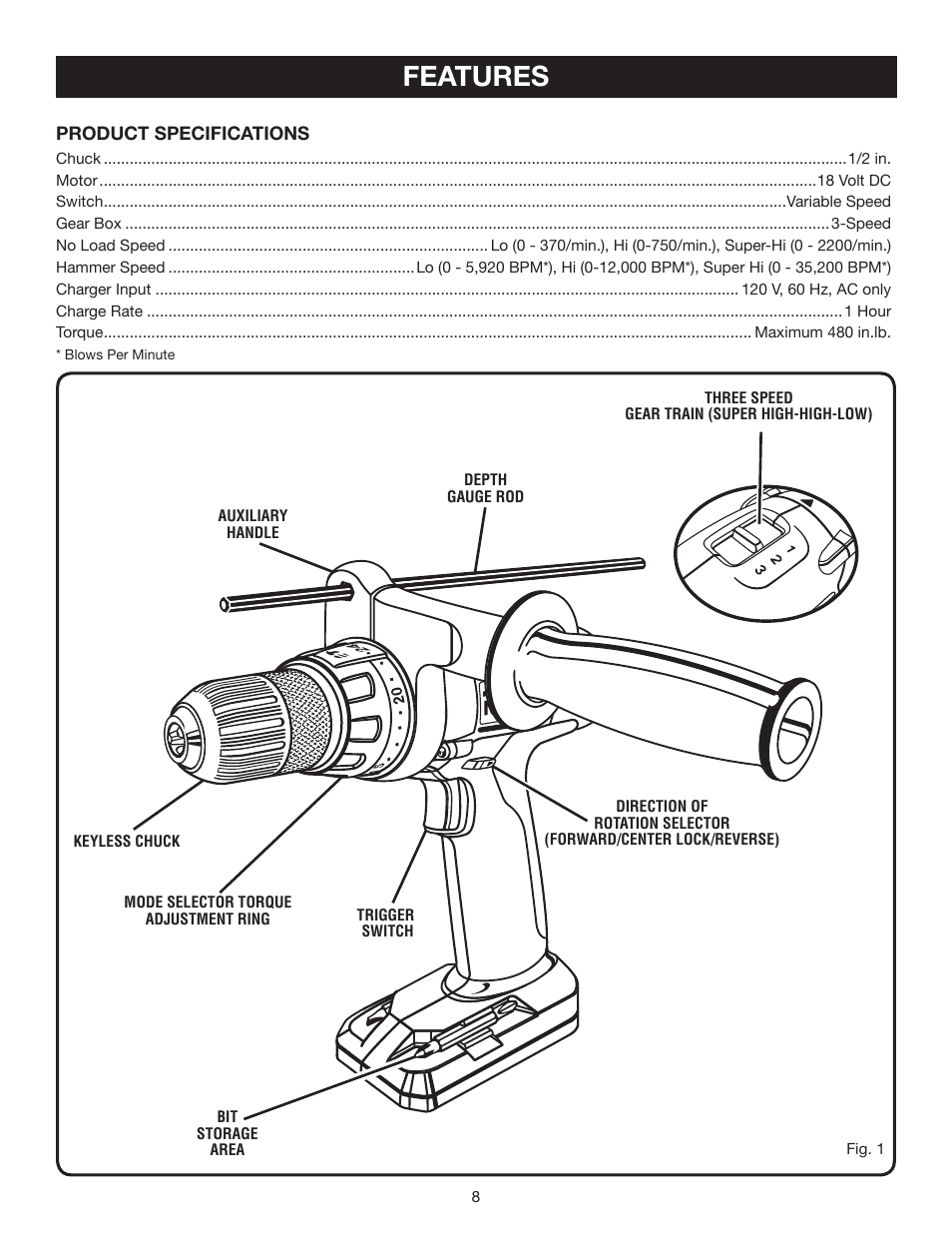 Features | Ryobi P220 User Manual | Page 8 / 20