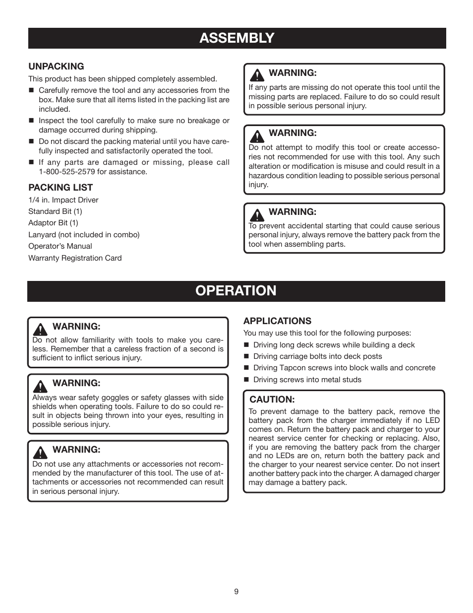 Assembly, Operation | Ryobi P230 User Manual | Page 9 / 16