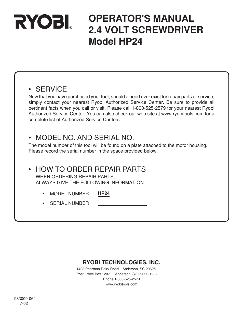 Operator's manual 2.4 volt screwdriver model hp24, Service, Model no. and serial no | How to order repair parts | Ryobi HP24 User Manual | Page 10 / 10