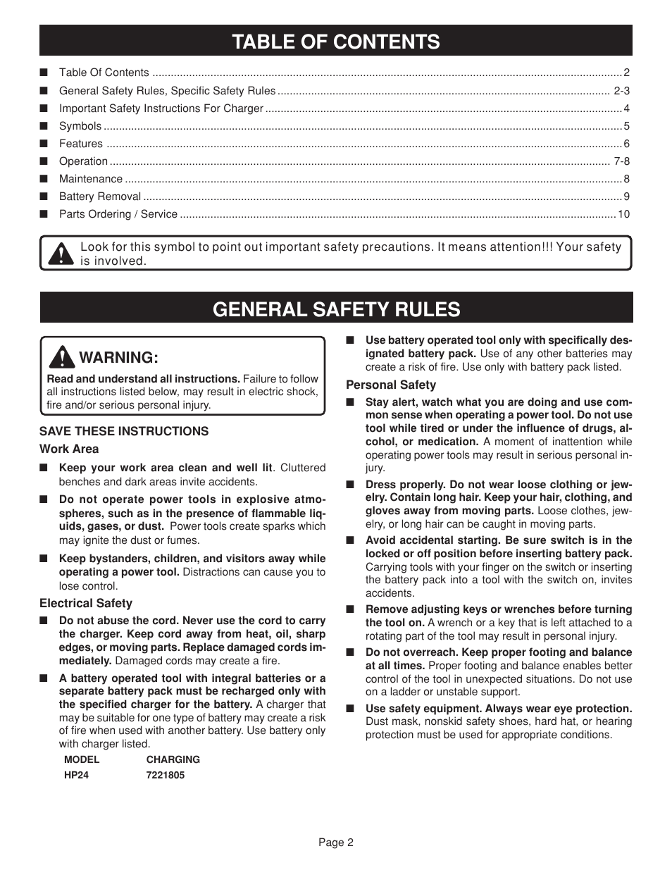 General safety rules table of contents, Warning | Ryobi HP24 User Manual | Page 2 / 10