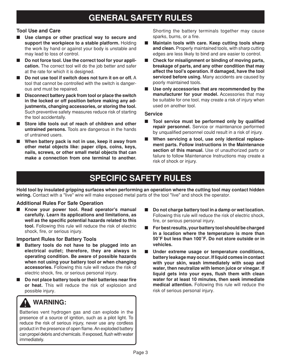 General safety rules specific safety rules, Warning | Ryobi HP24 User Manual | Page 3 / 10
