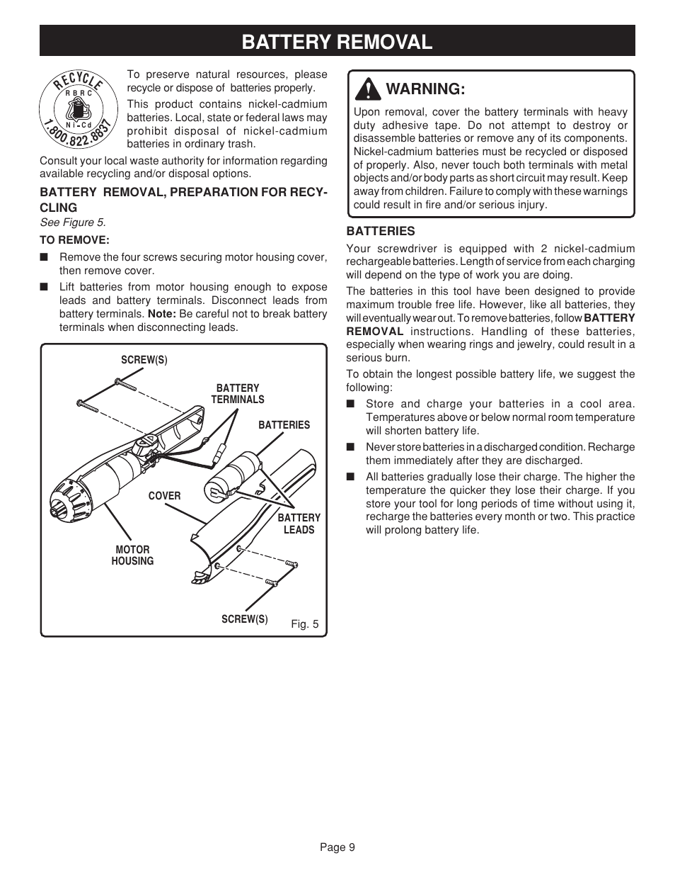 Battery removal, Warning | Ryobi HP24 User Manual | Page 9 / 10