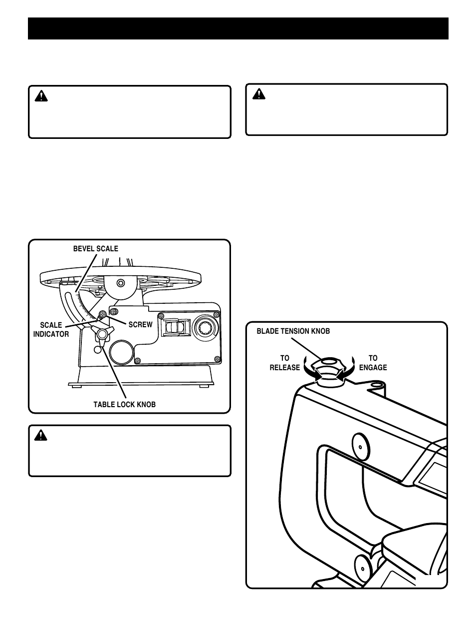 Adjustments, Warning, Setting the table for horizontal or bevel cutting | Adjusting drop foot, Adjusting blade tension | Ryobi SC163VS User Manual | Page 12 / 20