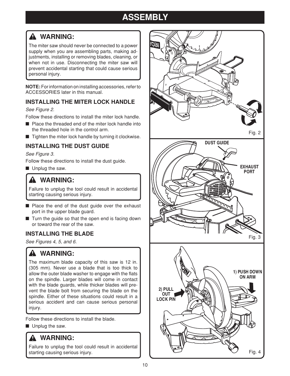 Assembly, Warning, Installing the miter lock handle | Installing the dust guide, Installing the blade, Fig. 2, See figures 4, 5, and 6 | Ryobi TS1550 User Manual | Page 10 / 26