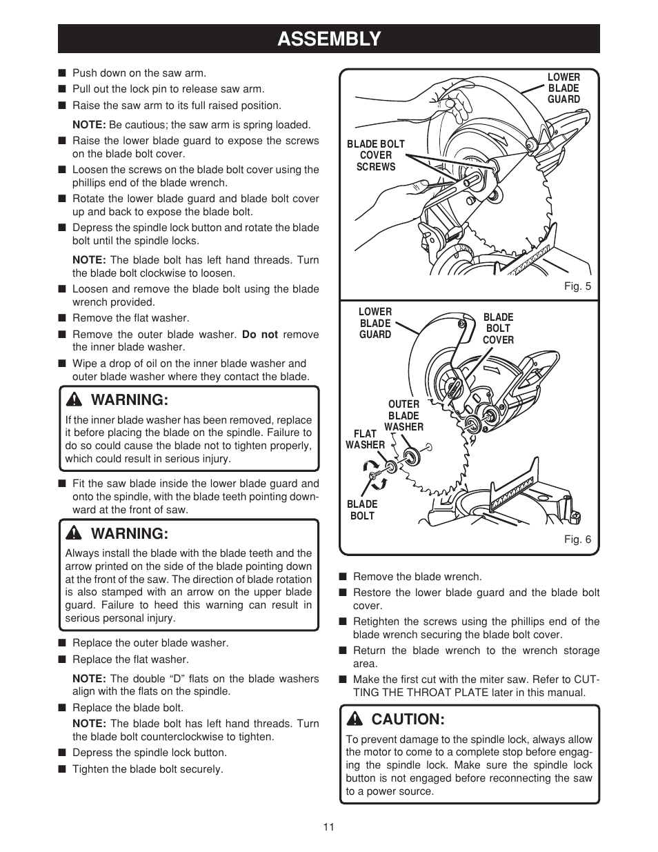 Assembly, Warning, Caution | Ryobi TS1550 User Manual | Page 11 / 26