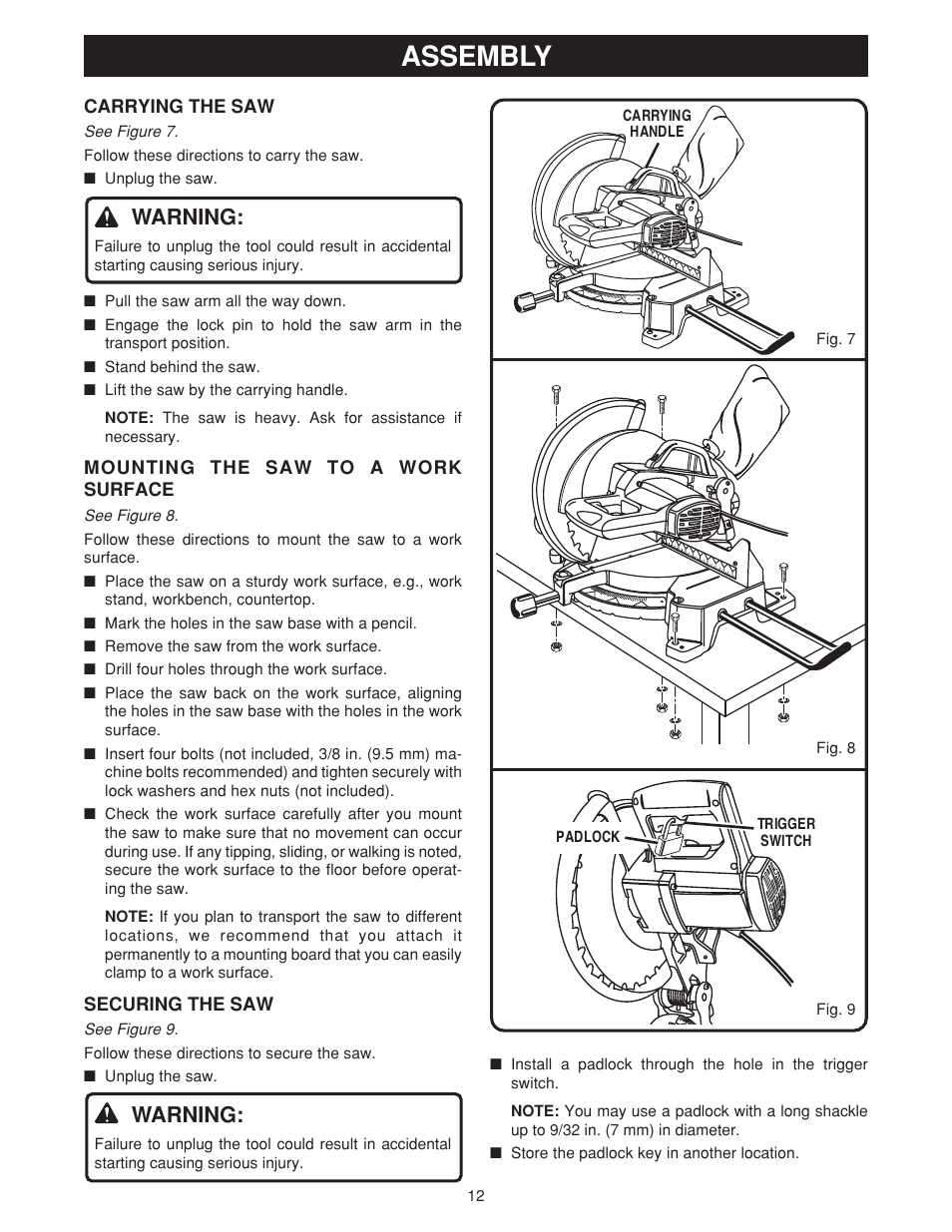 Assembly, Warning | Ryobi TS1550 User Manual | Page 12 / 26
