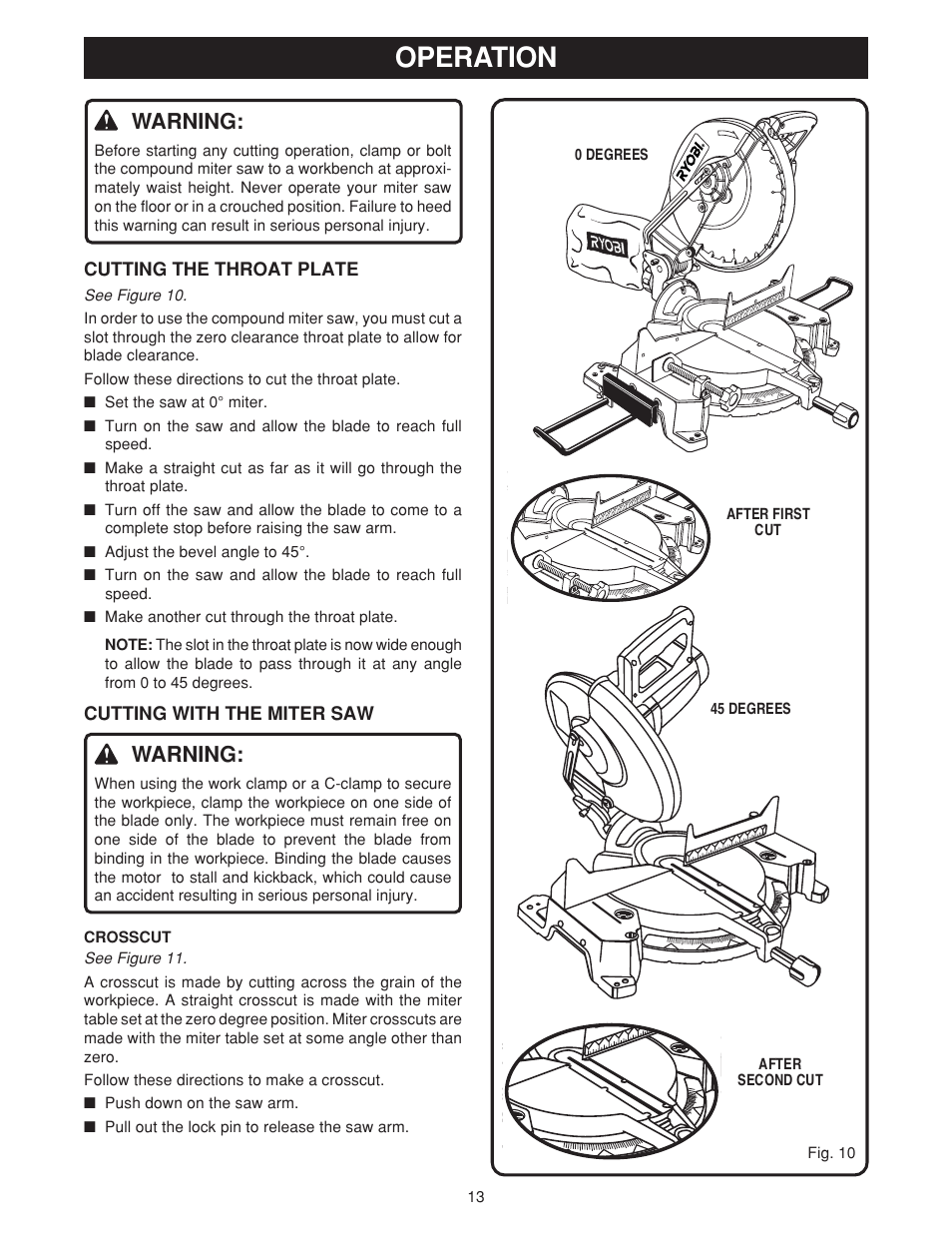 Operation, Warning, Cutting the throat plate | Cutting with the miter saw | Ryobi TS1550 User Manual | Page 13 / 26