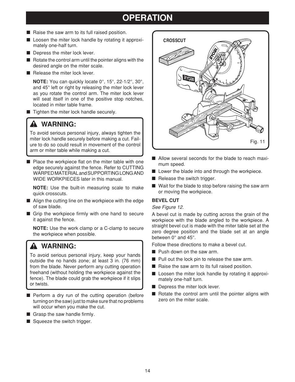 Operation, Warning | Ryobi TS1550 User Manual | Page 14 / 26