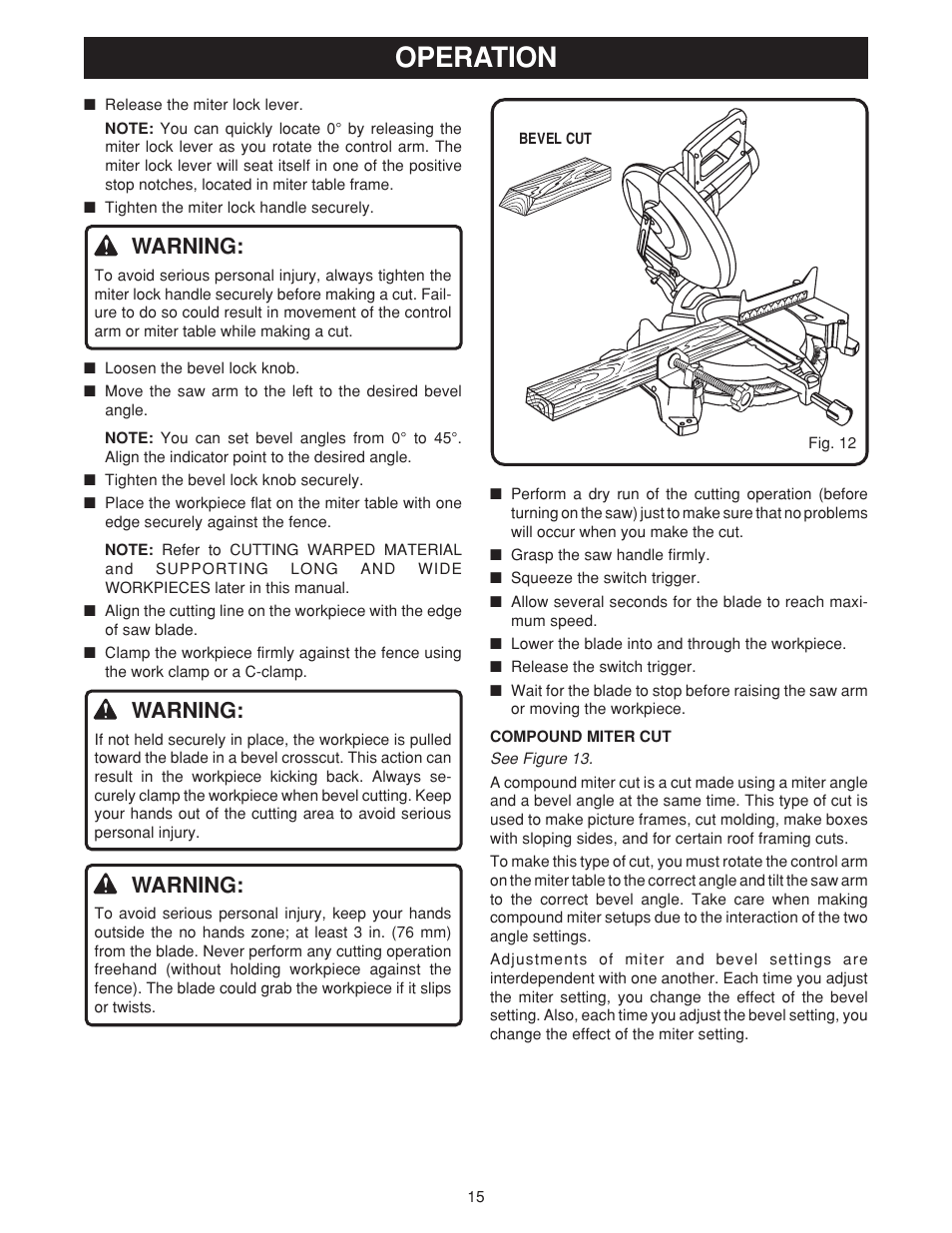 Operation, Warning | Ryobi TS1550 User Manual | Page 15 / 26