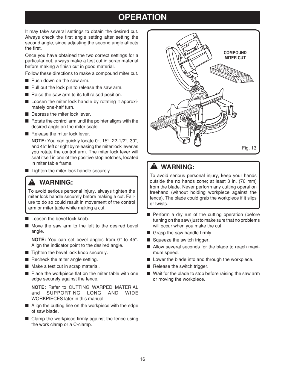 Operation, Warning | Ryobi TS1550 User Manual | Page 16 / 26