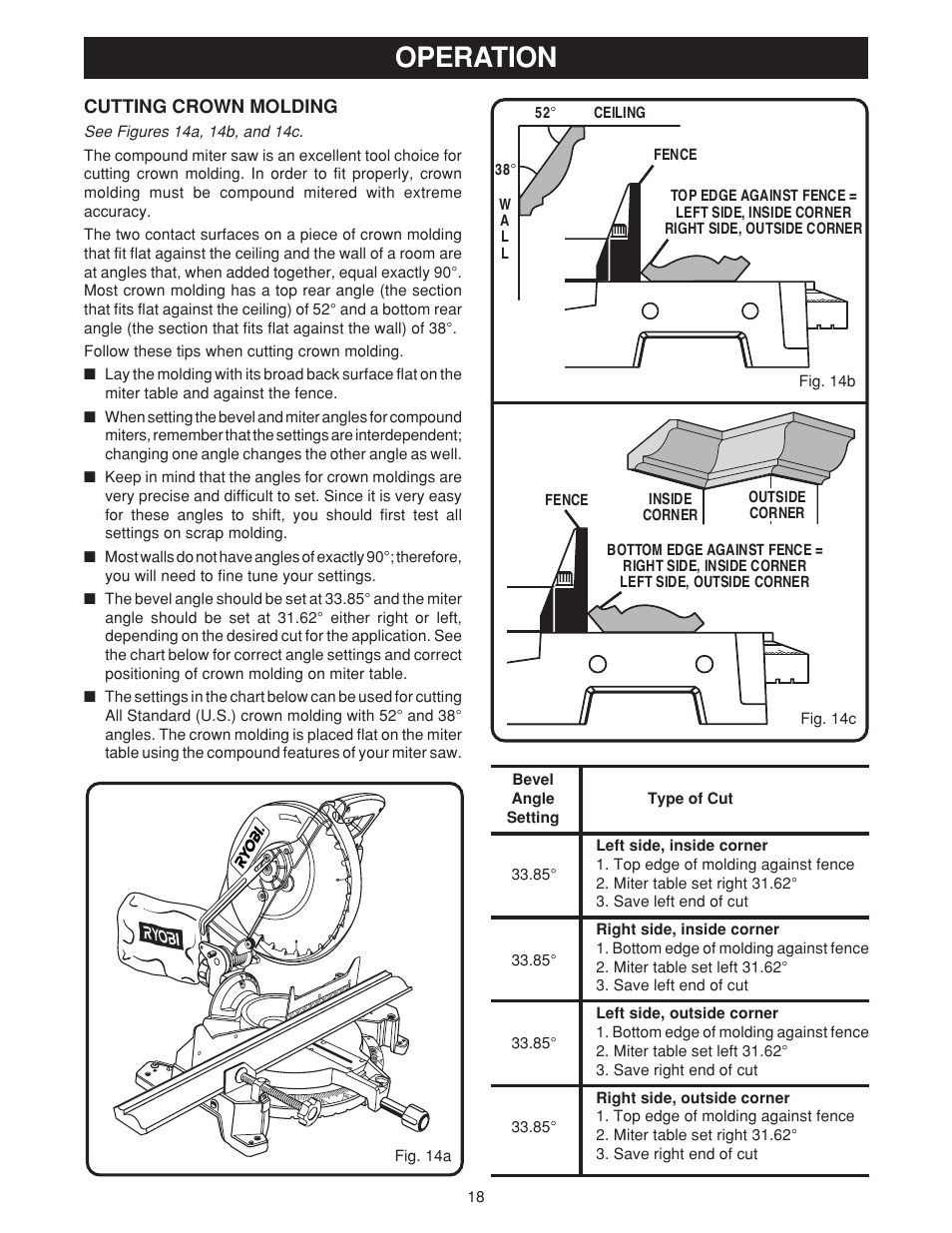 Operation, Cutting crown molding | Ryobi TS1550 User Manual | Page 18 / 26