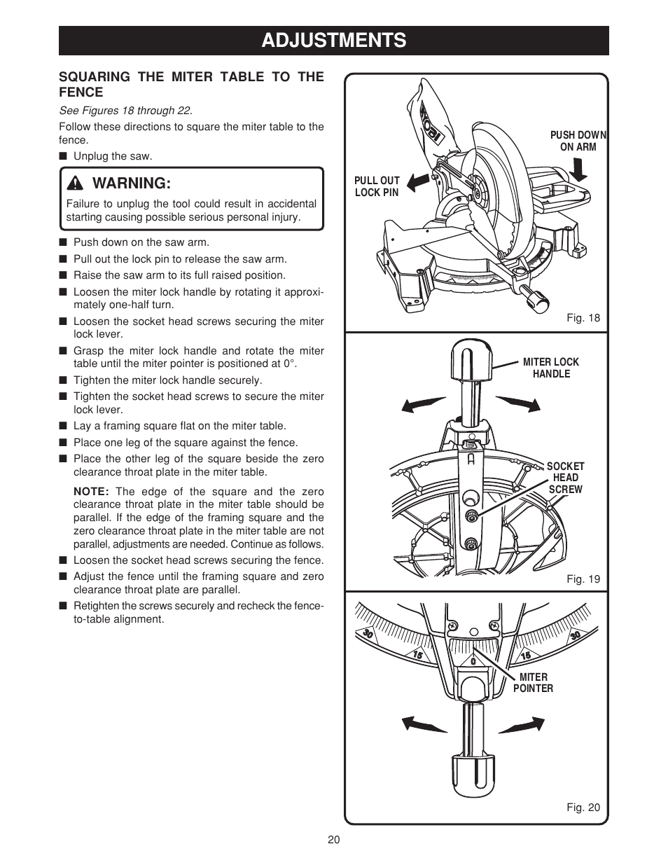 Adjustments, Warning | Ryobi TS1550 User Manual | Page 20 / 26