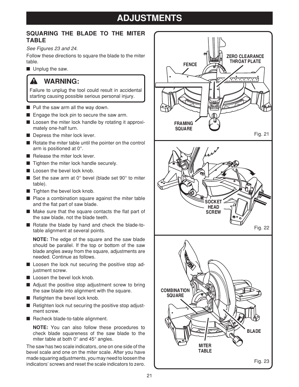 Adjustments, Warning | Ryobi TS1550 User Manual | Page 21 / 26