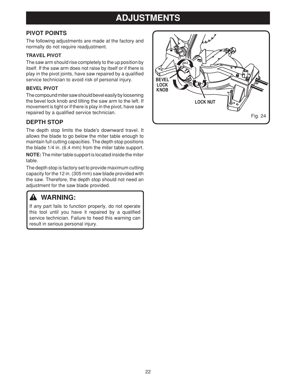 Adjustments, Warning | Ryobi TS1550 User Manual | Page 22 / 26