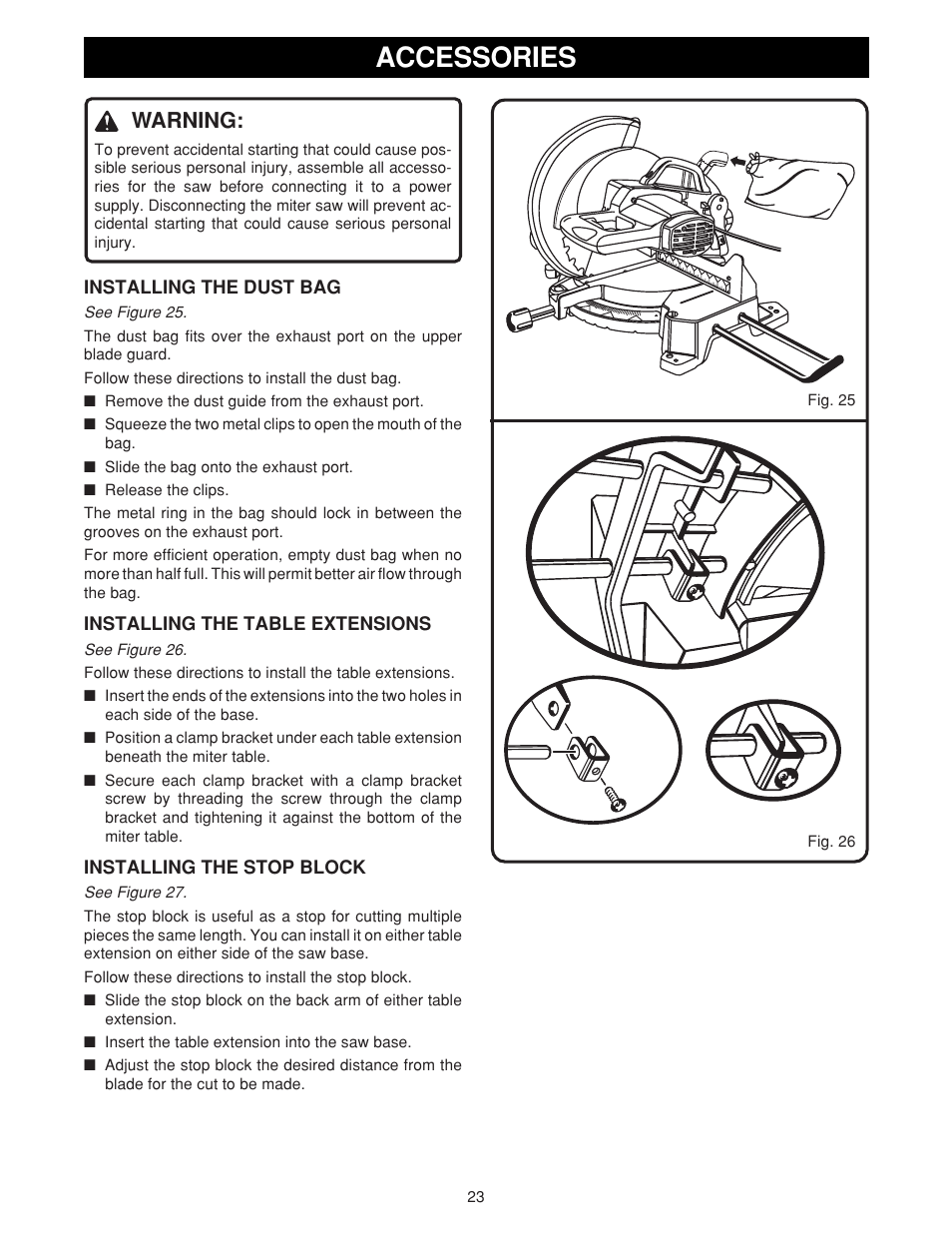 Accessories, Warning | Ryobi TS1550 User Manual | Page 23 / 26