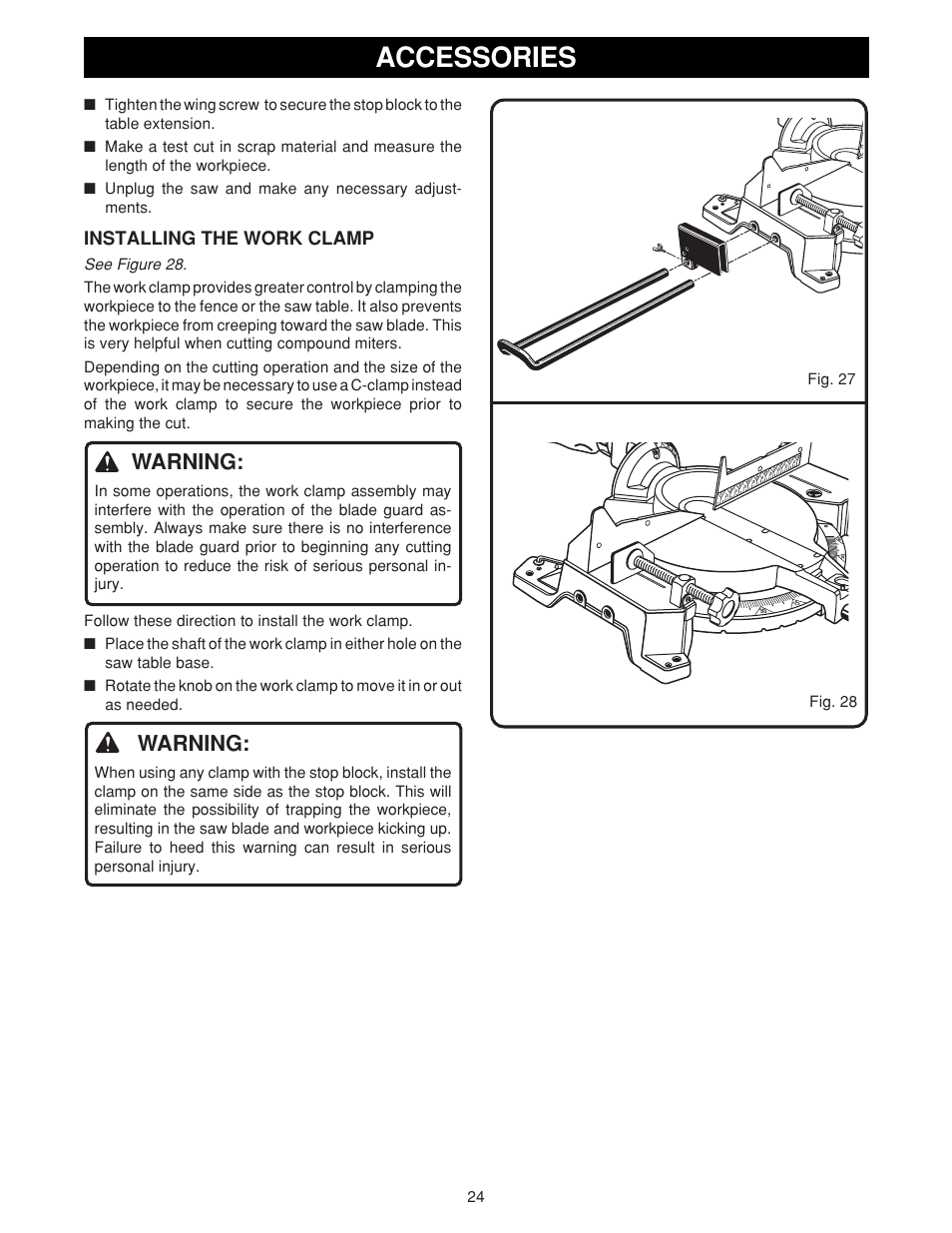 Accessories, Warning, Installing the work clamp | Fig. 27 fig. 28 | Ryobi TS1550 User Manual | Page 24 / 26